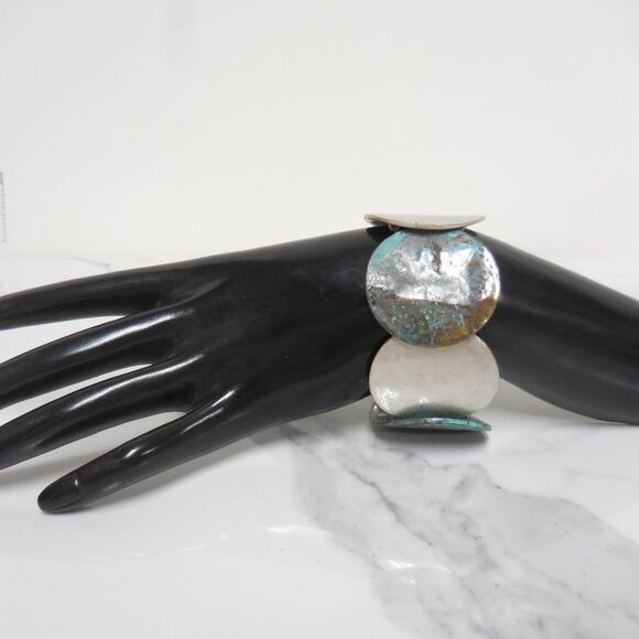 Boho Chunky Bracelet | 8.5" Faux Silver & Patina Copper Discs | Bohemian Style - Picture 3 of 3